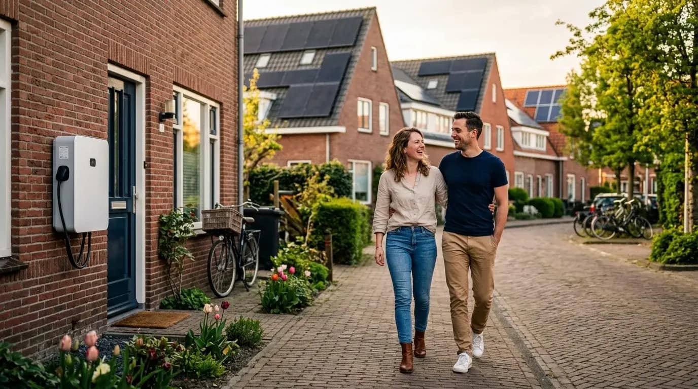 Jong stel wandelt door Nederlandse straat met zonnepanelen op de daken