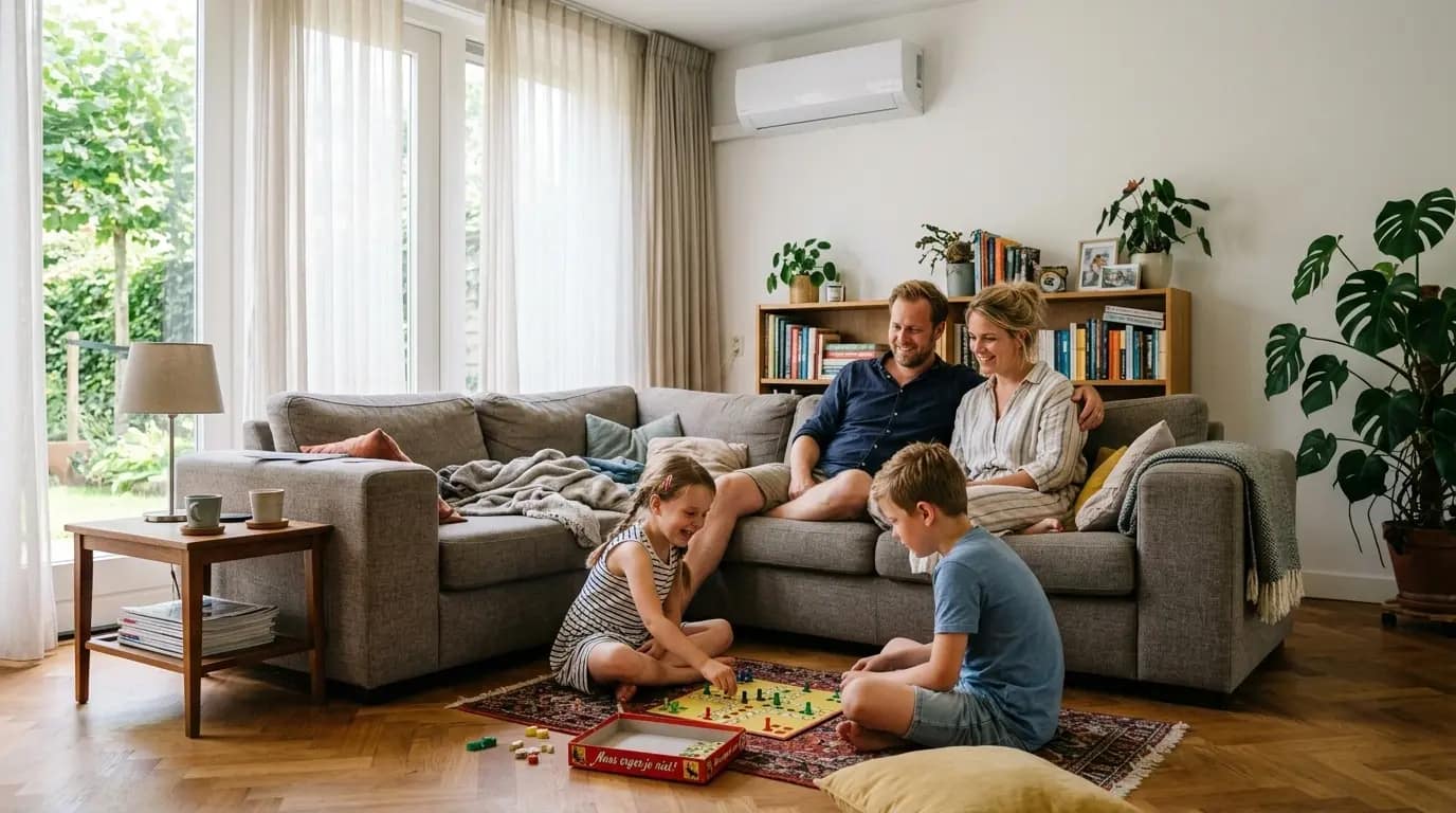 Gezin ontspant comfortabel in een koele woonkamer op een warme zomerdag
