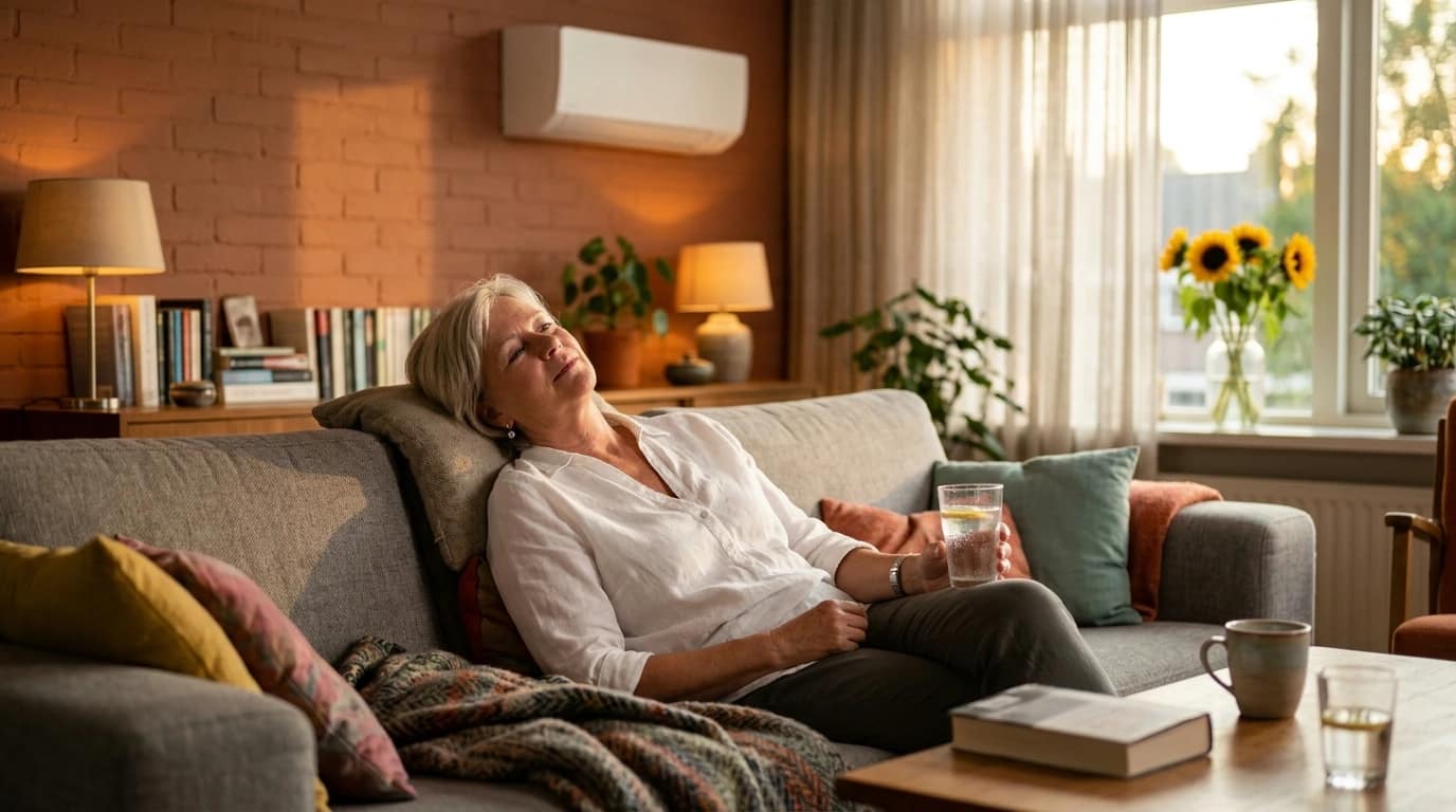 Vrouw geniet van koele woonkamer met onzichtbaar geïnstalleerde monoblock airco