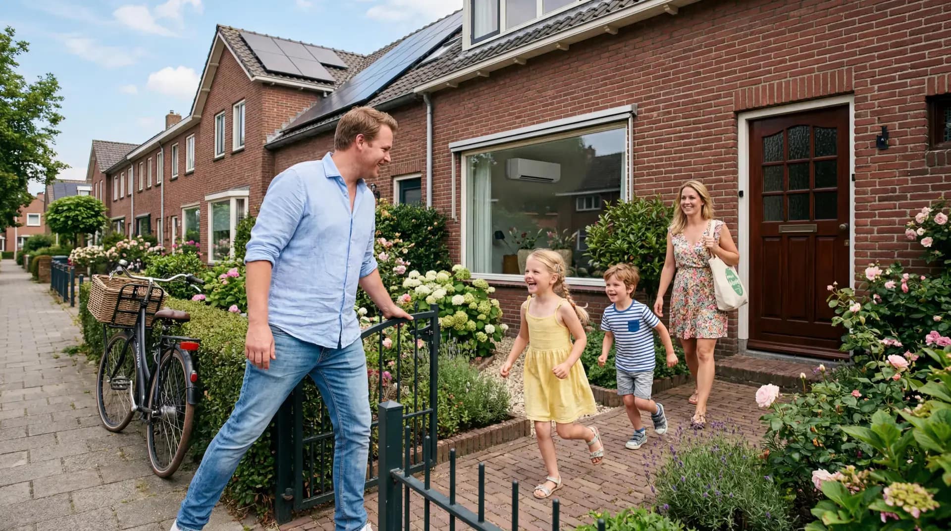 Familie genießt ein kühles Wohnzimmer an einem warmen Sommertag