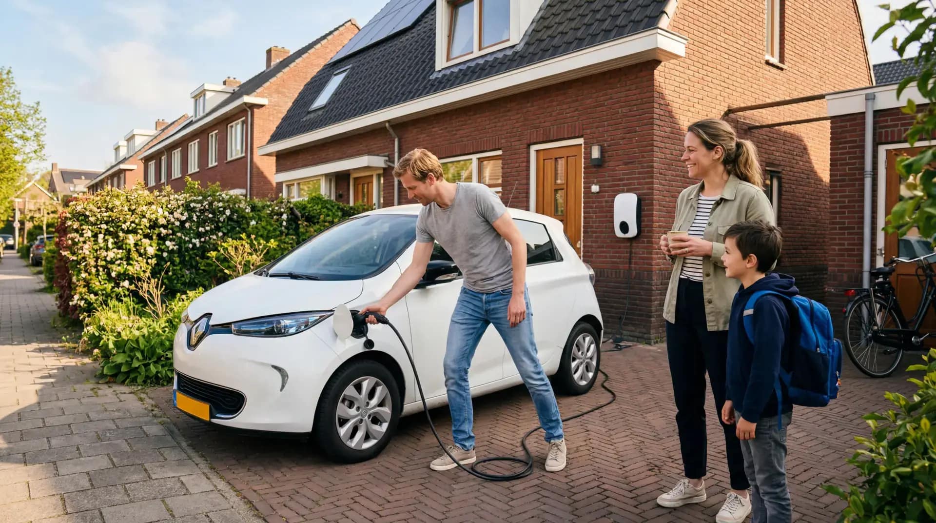 Gezin bij elektrische auto aan laadpaal op oprit van Nederlandse woning