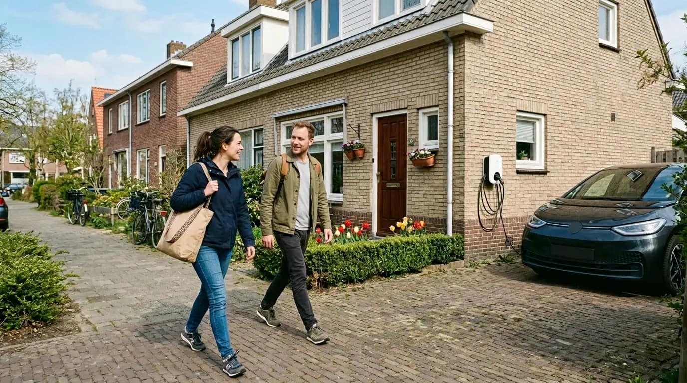 Wallbox Pulsar Max laadpaal gemonteerd op witte gevel naast oprit