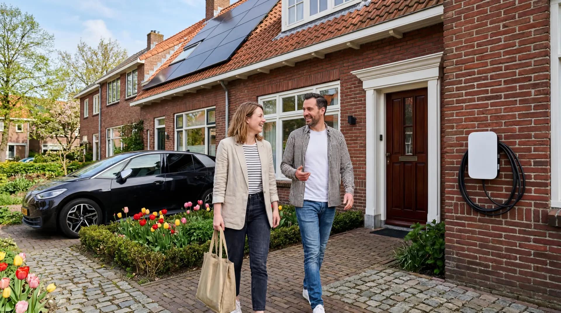 Zaptec Go 2 laadpaal gemonteerd op gevel naast oprit met elektrische auto