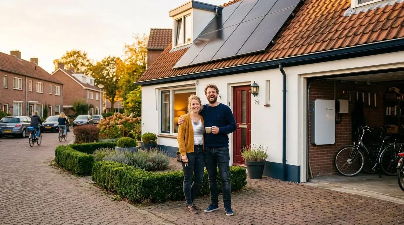 Jong gezin voor Nederlandse woning met zonnepanelen en thuisbatterij-installatie