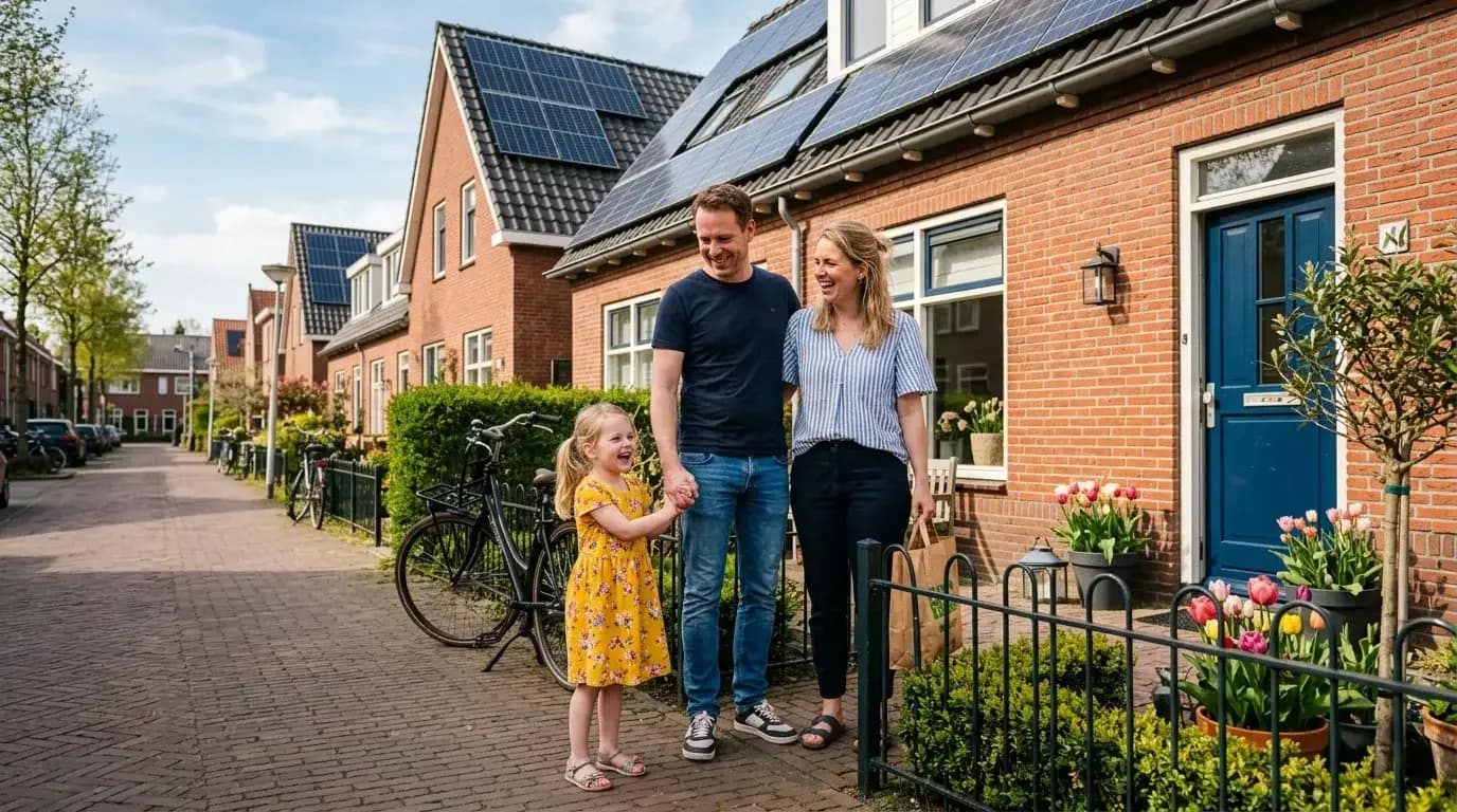 Jong gezin voor Nederlandse rijtjeswoning met zonnepanelen en thuisbatterij