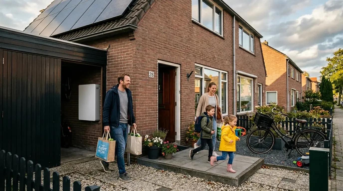 Jong gezin voor Nederlandse rijtjeswoning met zonnepanelen en thuisbatterij