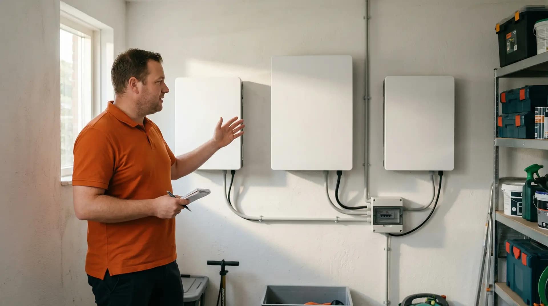 Anteas adviseur vergelijkt drie thuisbatterij merken aan de muur in Nederlandse garage
