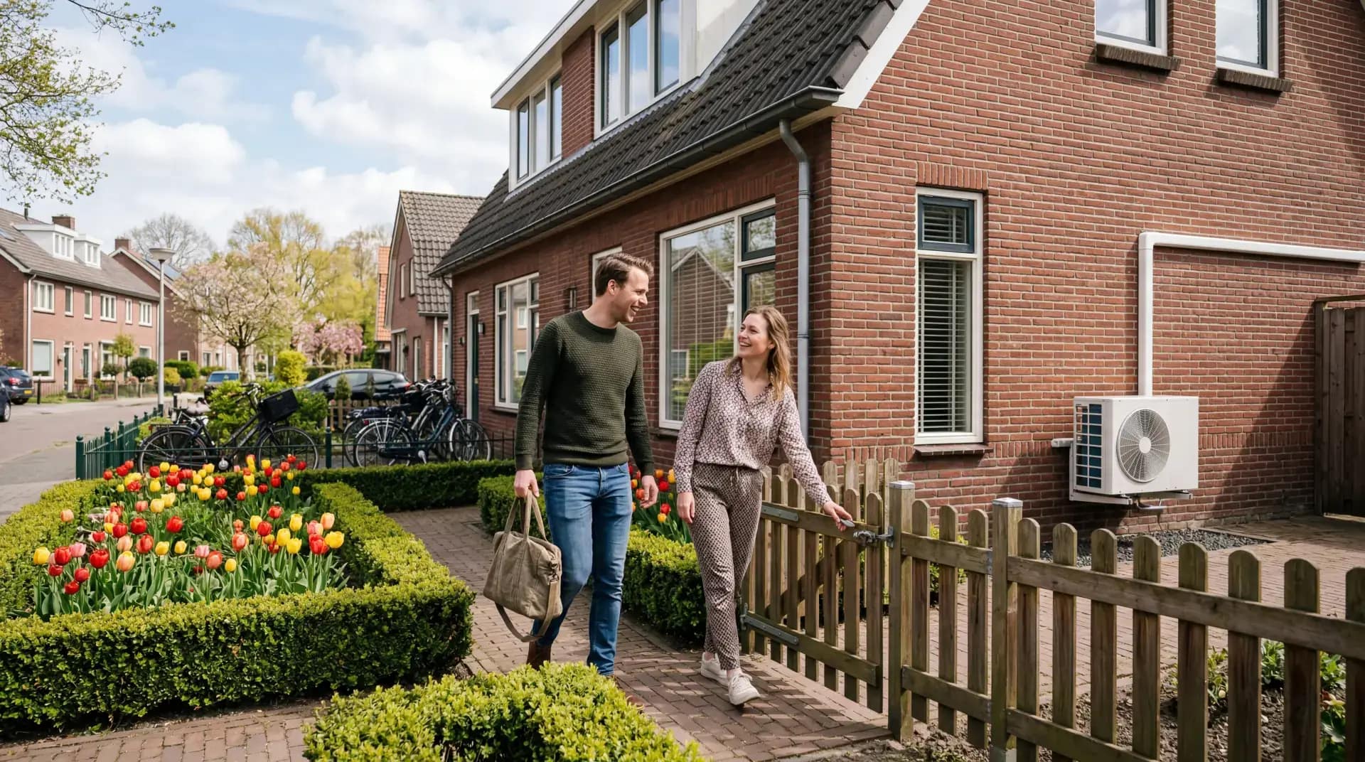 Moderne all-electric warmtepomp buitenunit naast een gerenoveerde Nederlandse woning