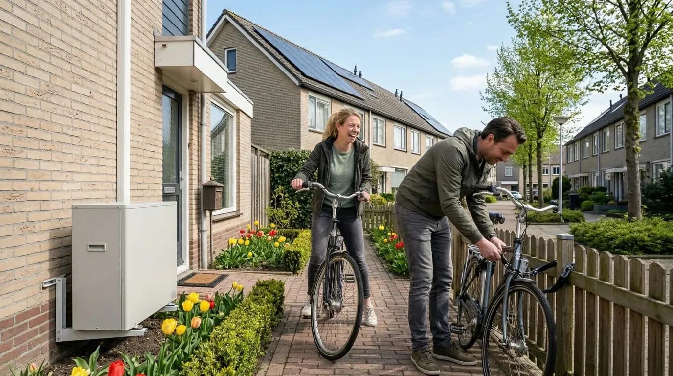 Installateur plaatst warmtepomp buitenunit bij moderne rijtjeswoning