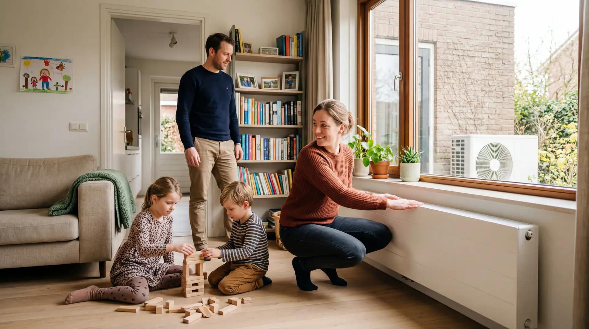Moderne woonkamer met strakke radiator onder het raam en warmtepomp buitenunit zichtbaar door het