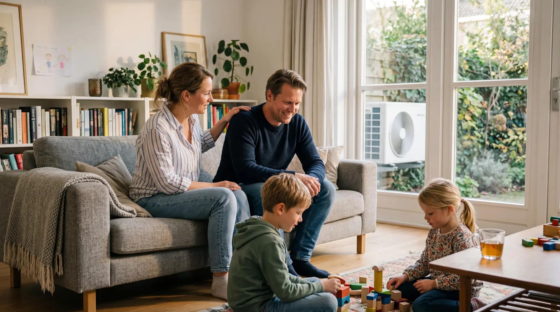 Gezin geniet van warmte in woonkamer met warmtepomp op achtergrond