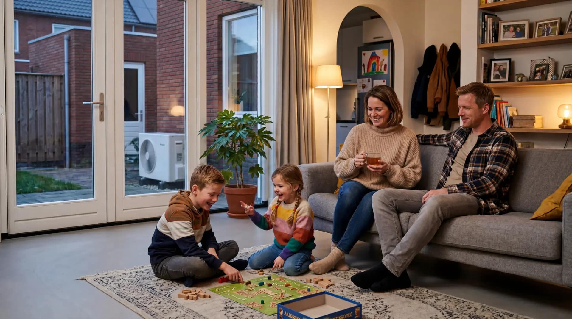 Gezin ontspant op warme vloer in lichte woonkamer met warmtepomp buitenunit zichtbaar in de tuin