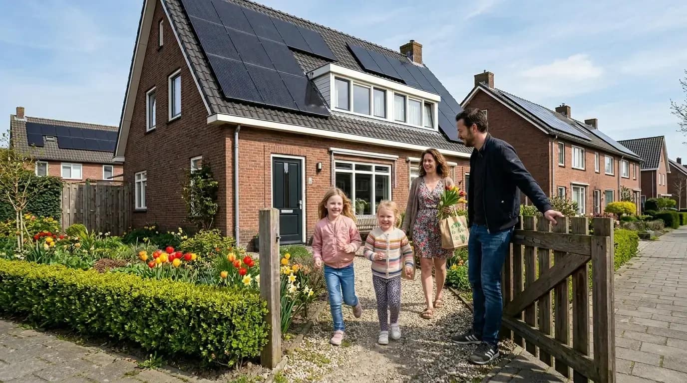 Gezin in achtertuin van Nederlandse woning met zonnepanelen op het dak