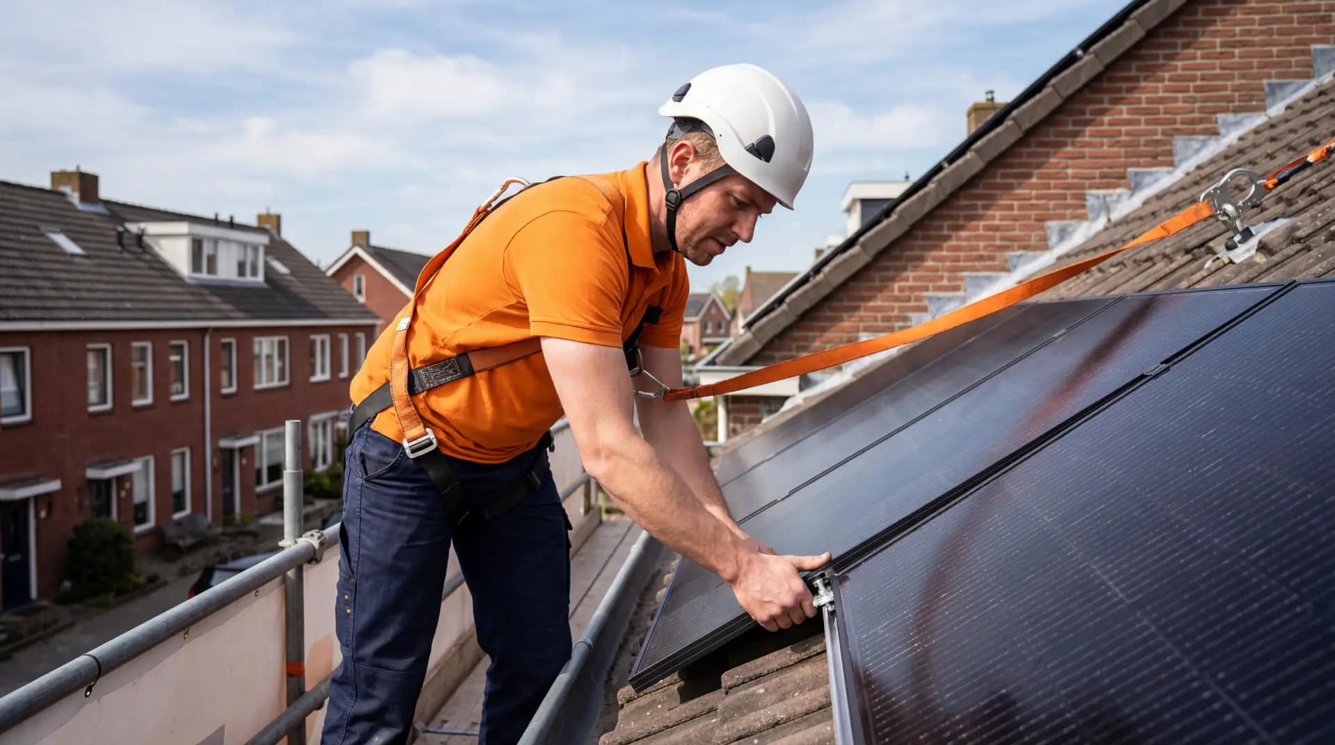 Monteur bevestigt zonnepanelen op schuin dak van Nederlandse woning