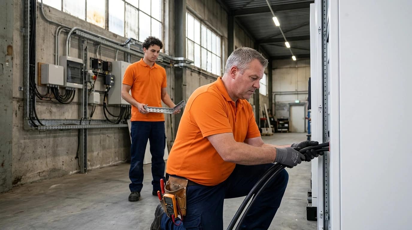Installateur monteert zakelijke batterij in bedrijfshal naast zonnepanelen-omvormer