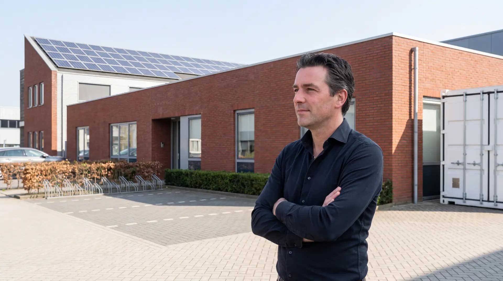 Groot batterijopslagsysteem naast bedrijfspand met zonnepanelen op het dak