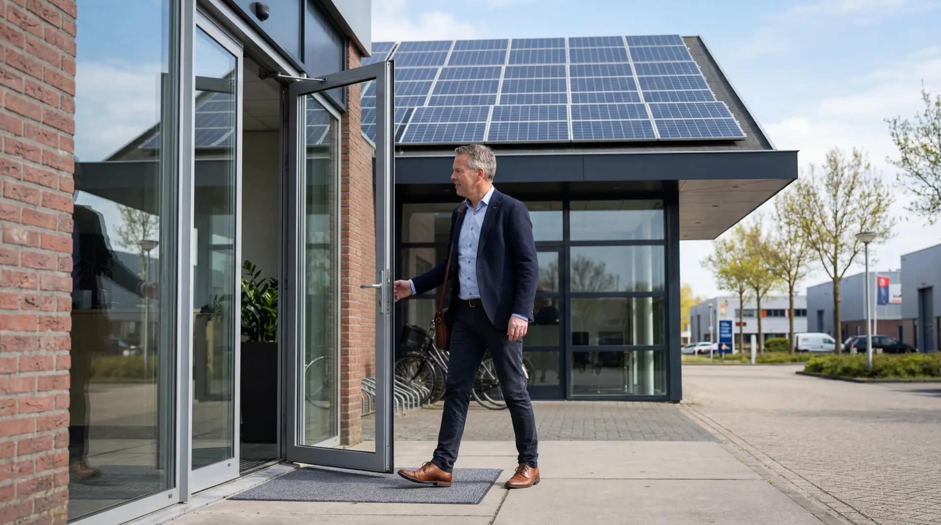 Ondernemer bestudeert de Energiewet 2026 bij bedrijfspand met zonnepanelen