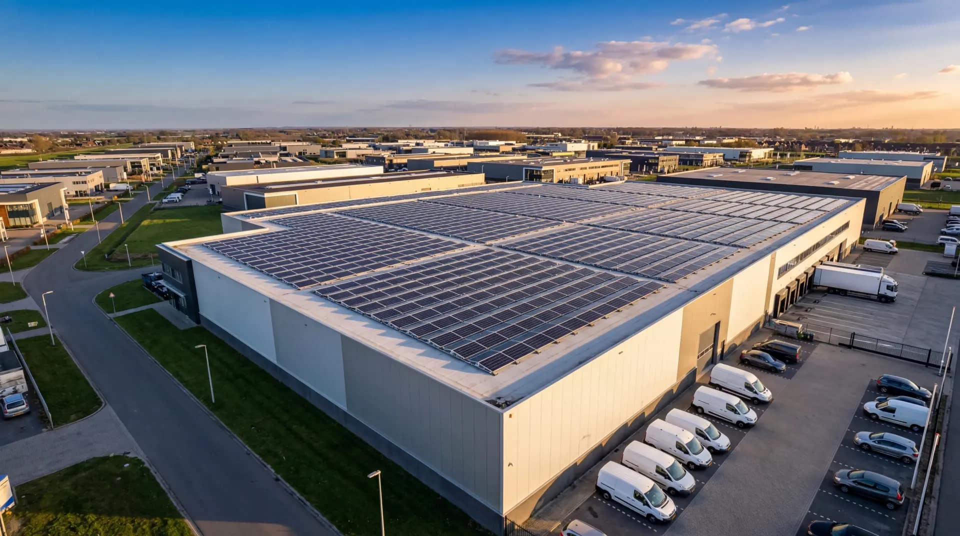 Groot bedrijfspand met zonnepanelen op dak bij zonsondergang