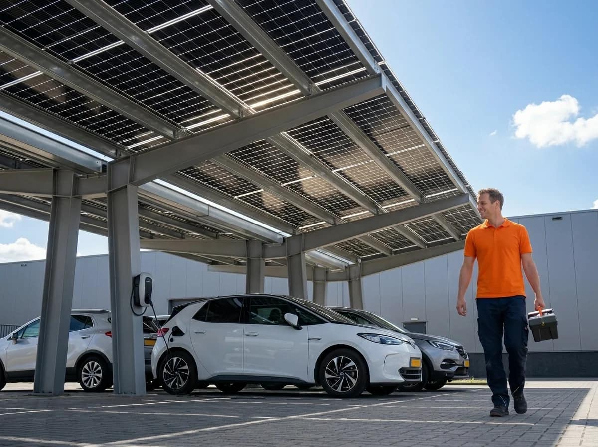 Zakelijke solar carport met zonnepanelen op parkeerplaats bij Nederlands bedrijventerrein