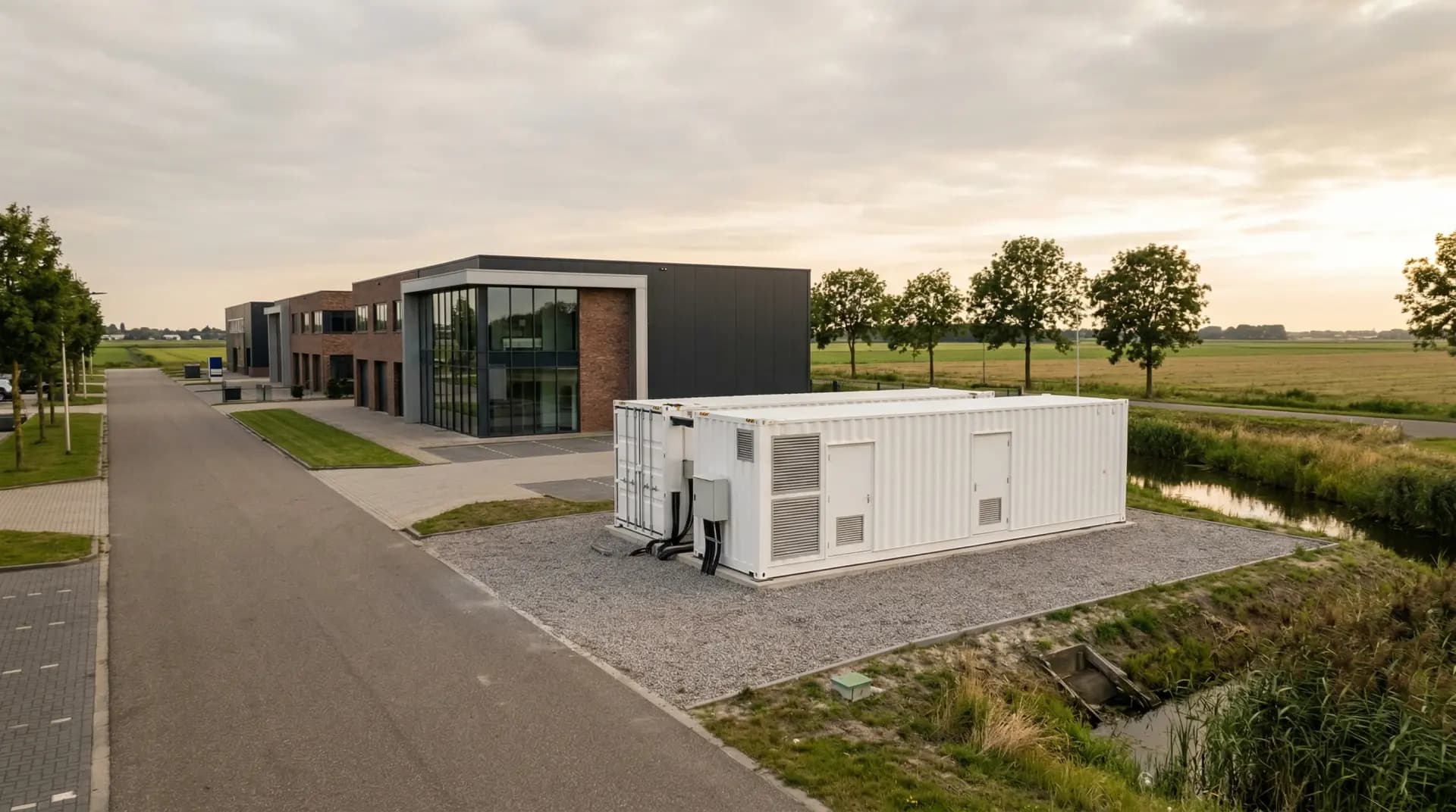 Zakelijke energieopslag in BESS-container op bedrijventerrein — peak shaving en netcongestie oplossen