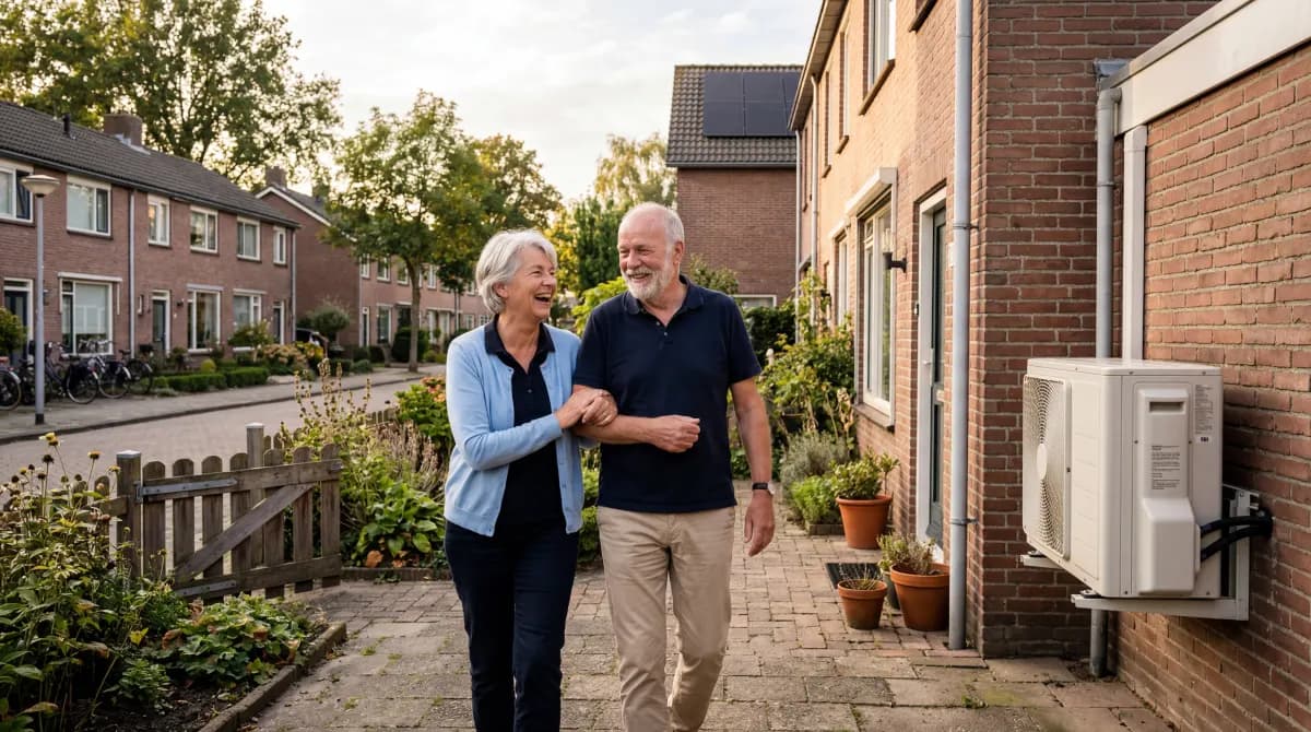 Ouder echtpaar wandelt arm-in-arm langs hun rijtjeswoning met warmtepomp zichtbaar aan de zijgevel