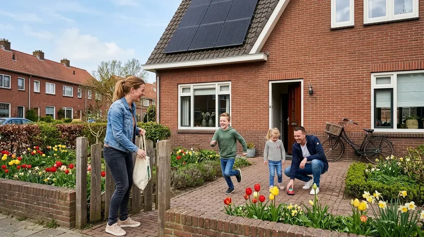 Blij gezin arriveert thuis bij hun woning met zonnepanelen op het dak