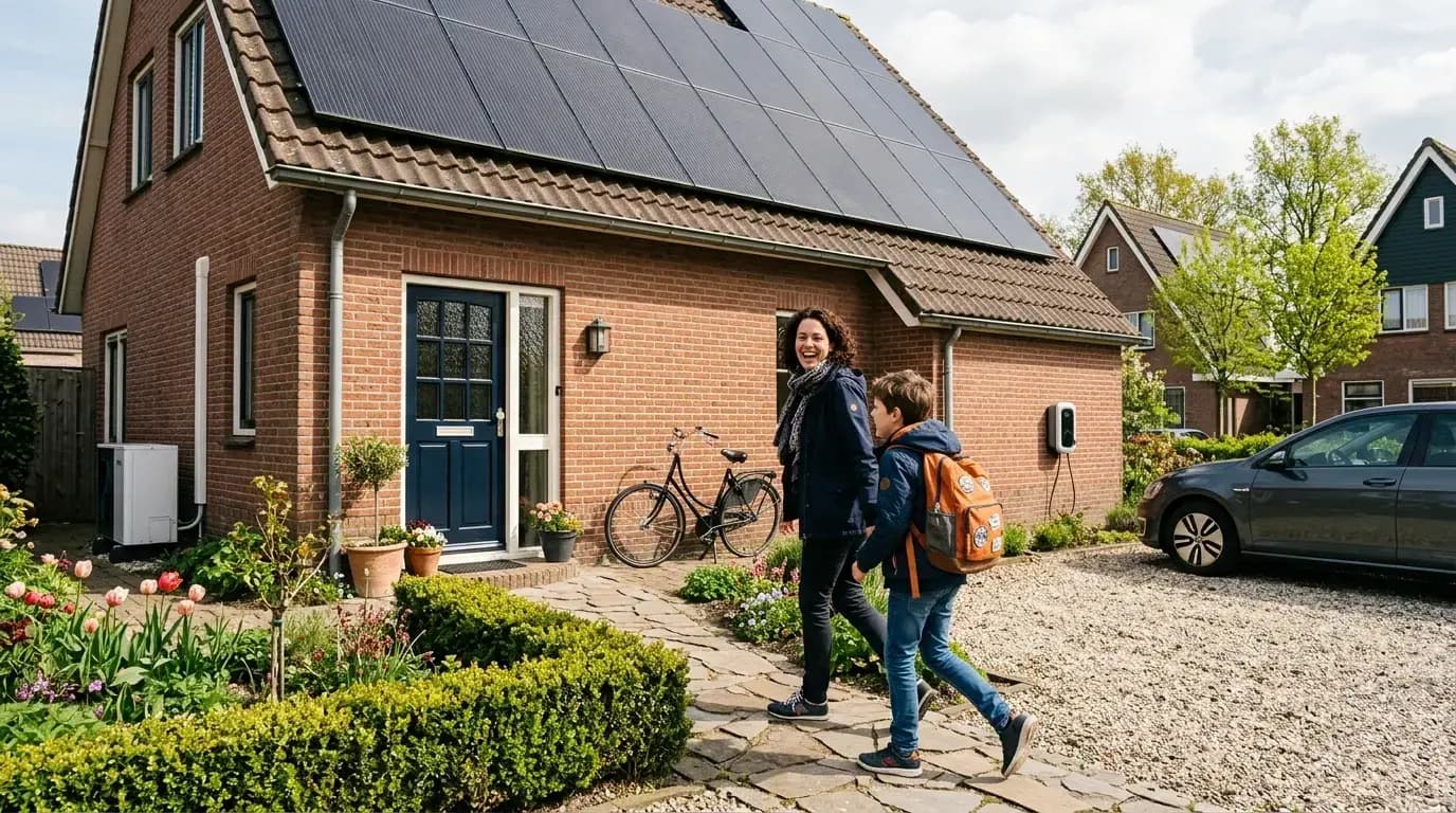 Moeder en kind komen thuis bij woning met zonnepanelen op dak en thuisbatterij en laadpaal zichtbaar