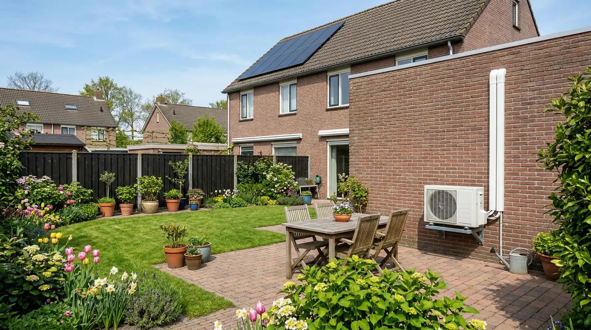 Sauber installiertes Klimaanlagen-Außengerät auf einer Konsole im Garten