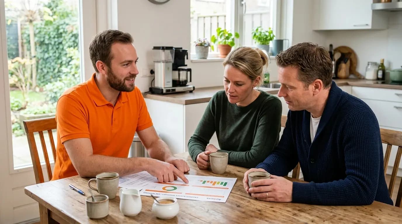 Anteas adviseur bespreekt airco-kosten met huiseigenaren aan de keukentafel