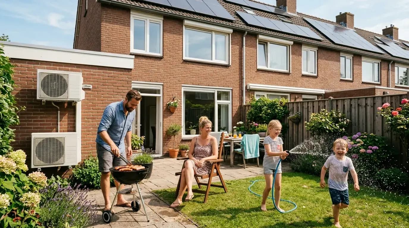 Gezin ontspant in de tuin op een warme dag, airco buitenunit zichtbaar aan de gevel
