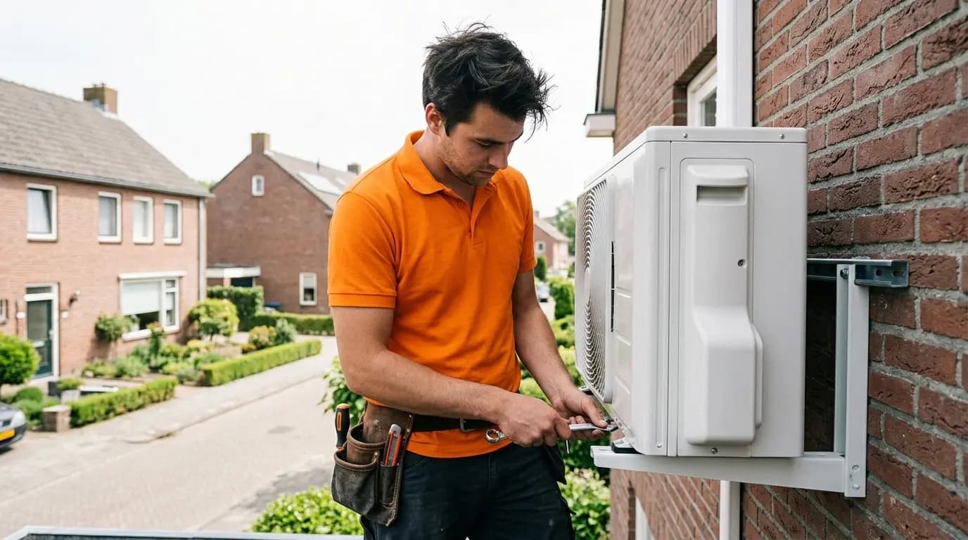 Anteas monteur installeert airco buitenunit aan de gevel van een Dutch rijtjeswoning