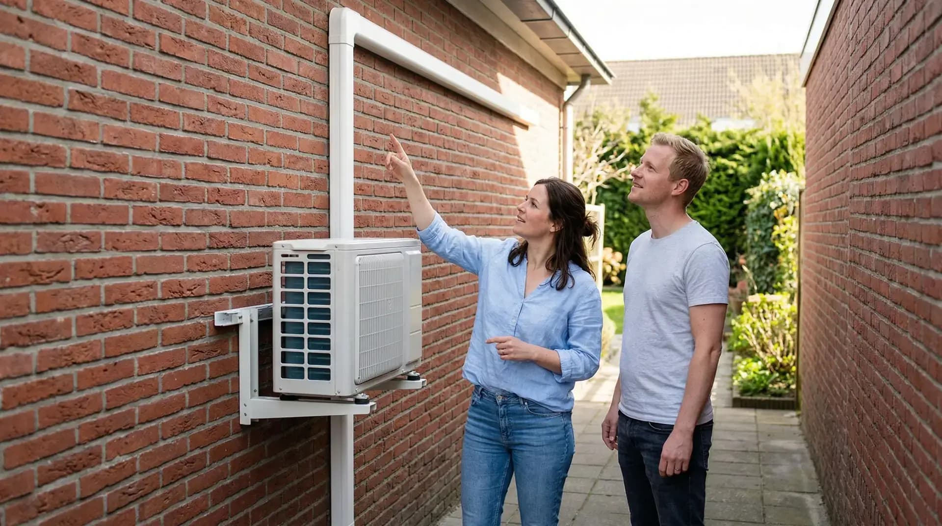 Verzorgd aangelegd airco leidingwerk langs de buitenmuur van een woning