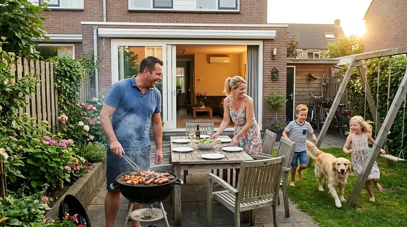 Gezin geniet van de tuin op warme zomerdag bij goed gekoeld huis