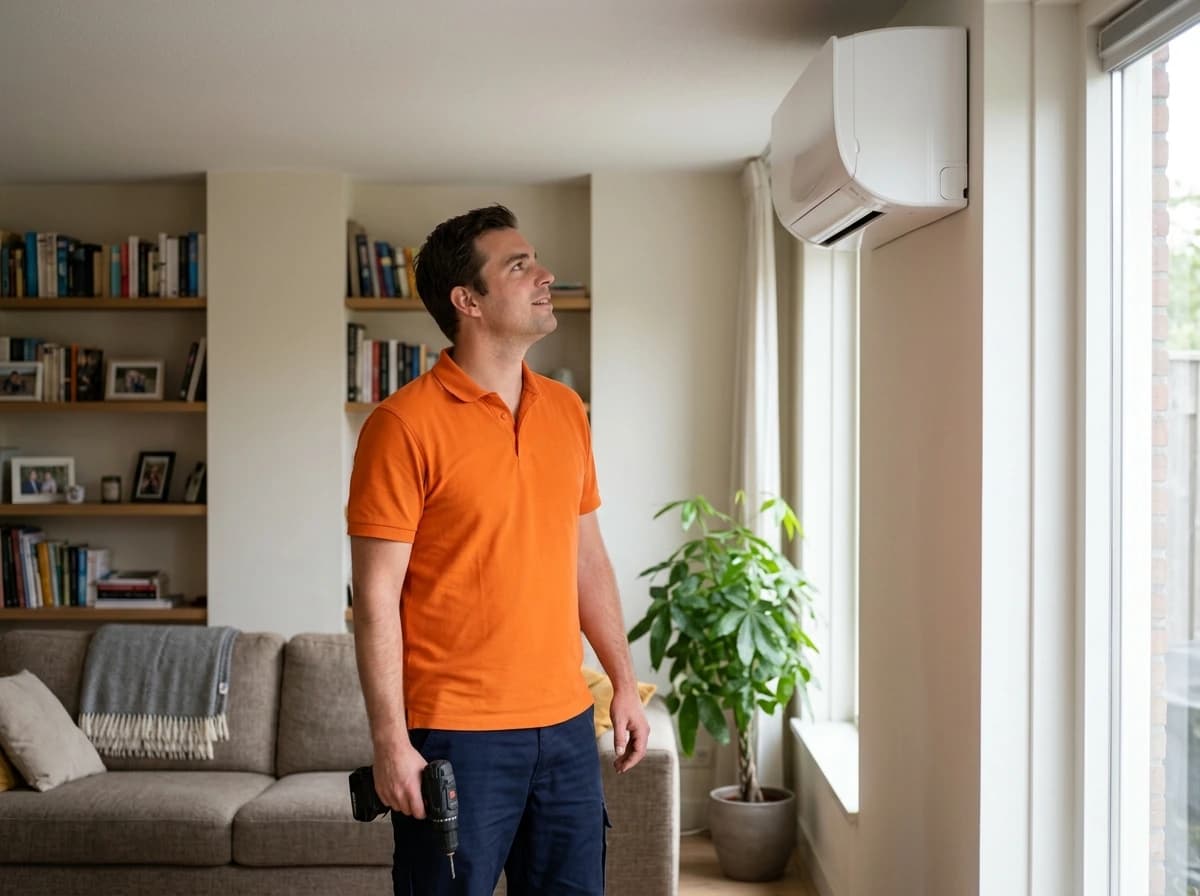 Installateur boort wandopeningen voor monoblock airco installatie in woonkamer