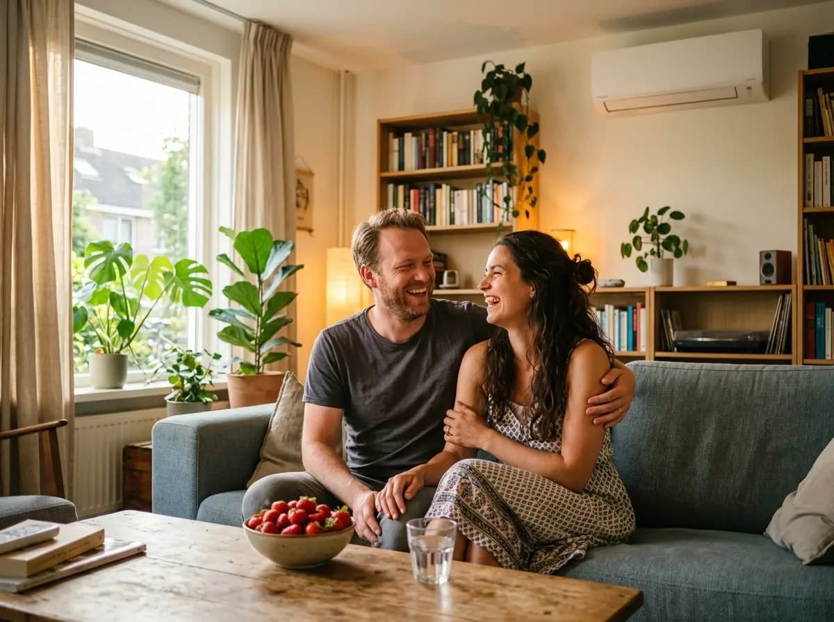 Koppel geniet van koele woonkamer op warme zomerdag dankzij monoblock airco