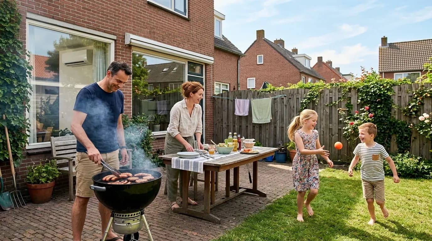 Gezin geniet van verkoeling in woonkamer met Daikin airco op warme dag