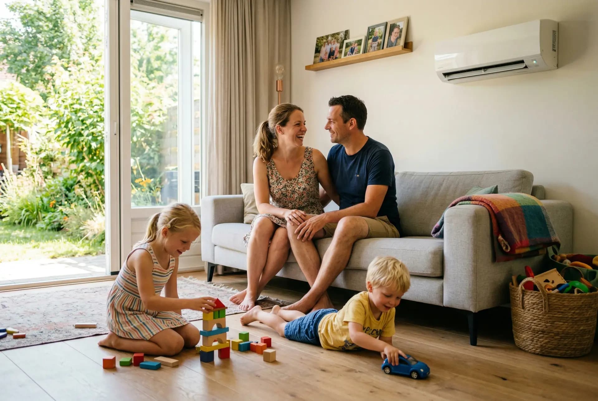Gezin geniet van verkoeling in woonkamer met LG airco op warme zomerdag