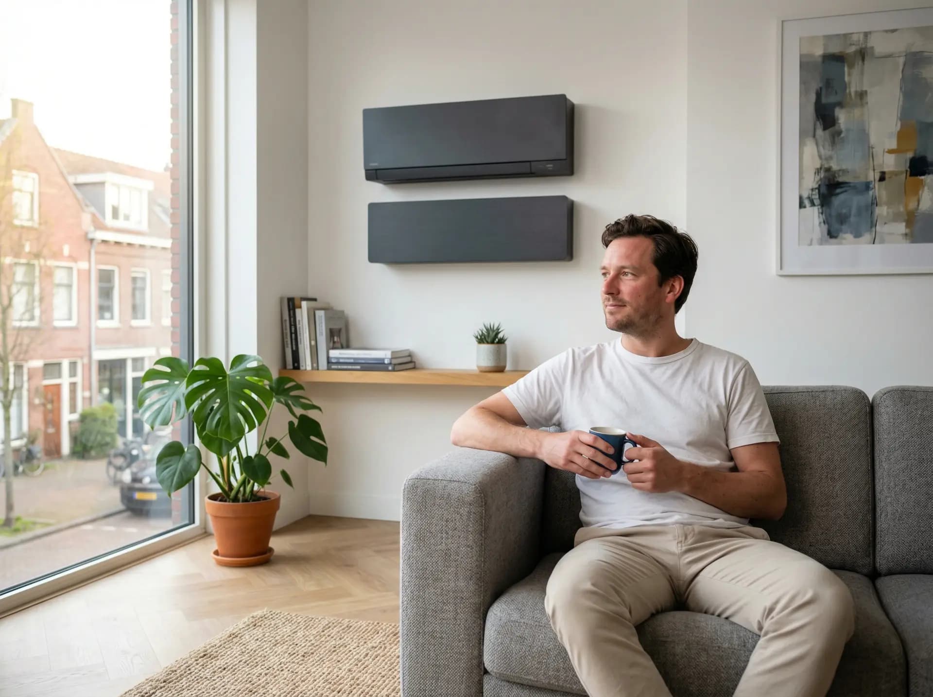 LG Artcool Mirror airco in zwart spiegelfinish tegen lichte muur in modern interieur