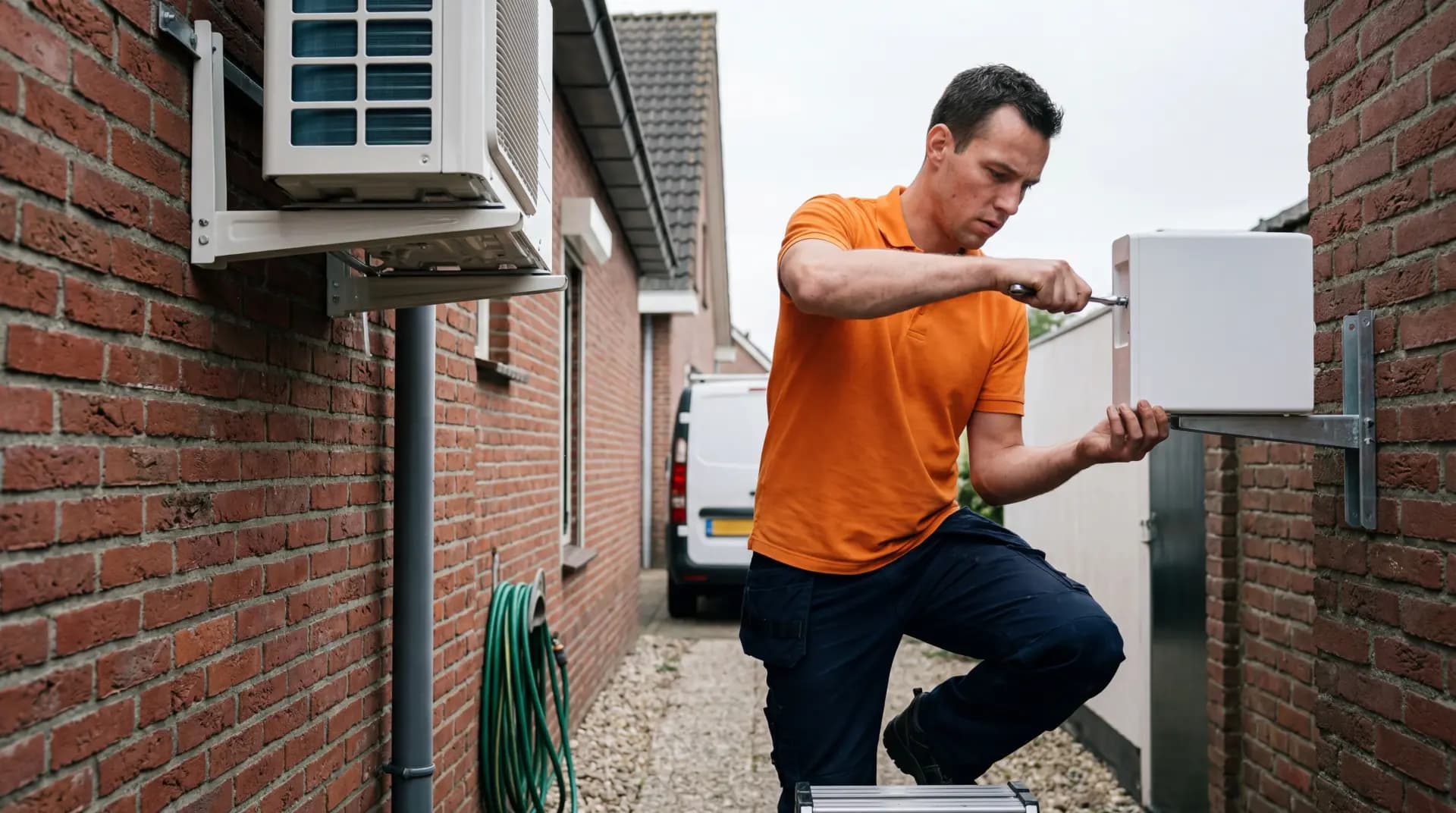 Monteur in oranje polo plaatst airco buitenunit veilig aan de gevel