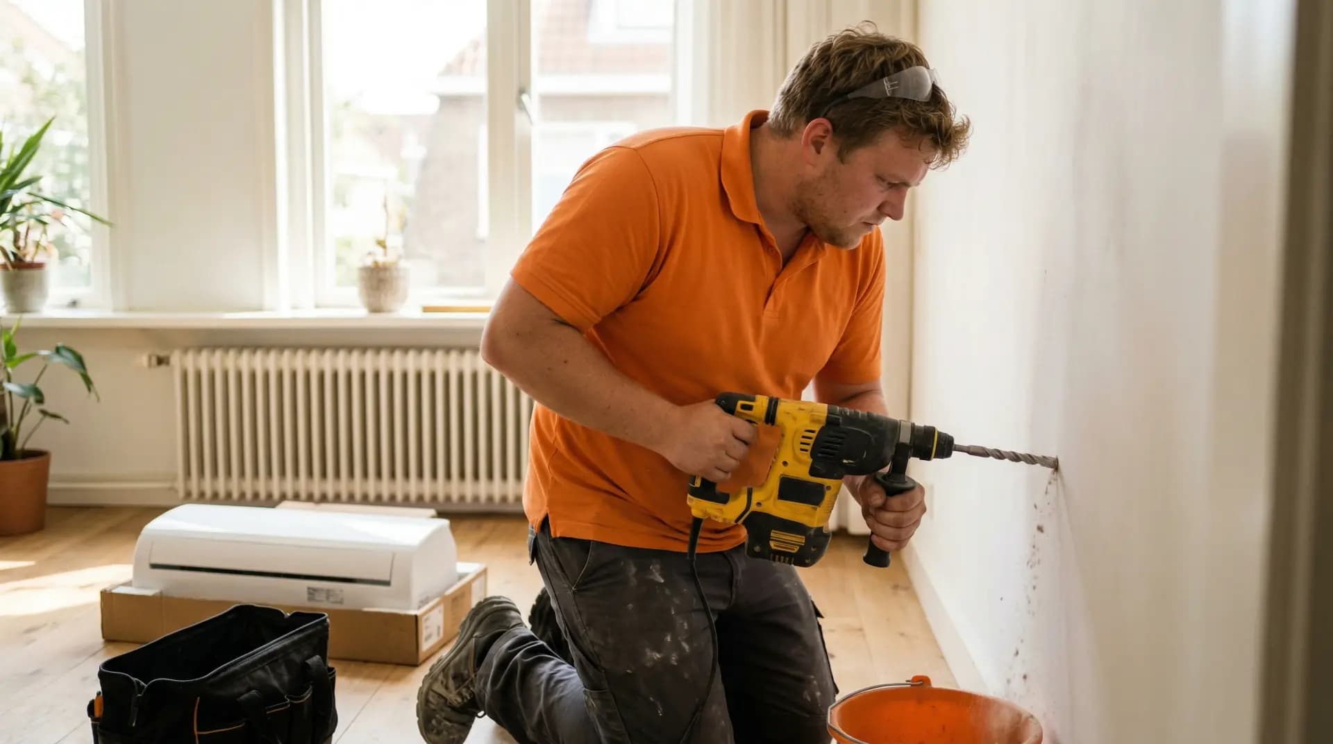 Monteur boort muurdoorvoer voor airco leidingbundel in een buitenmuur