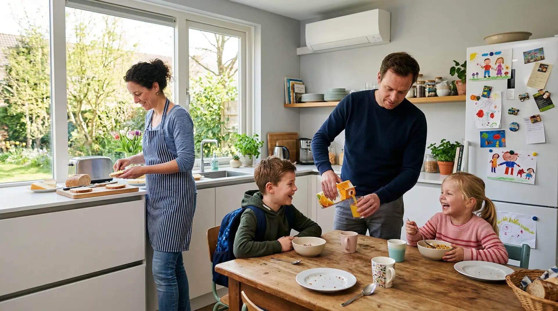 Installateur arbeitet an einem Multi-Split-Klimasystem in einem Familienhaus