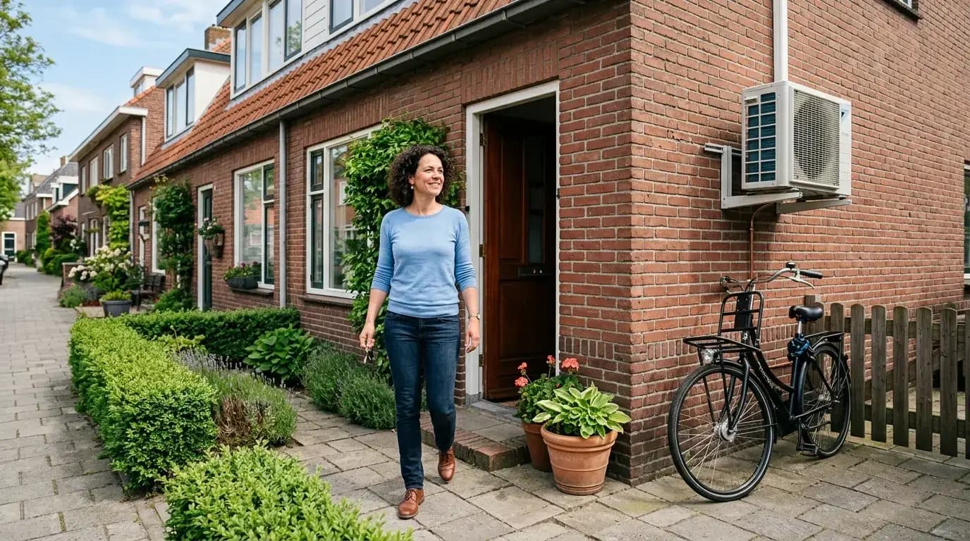 Schematisch overzicht van een split airco met buitenunit en binnenunit