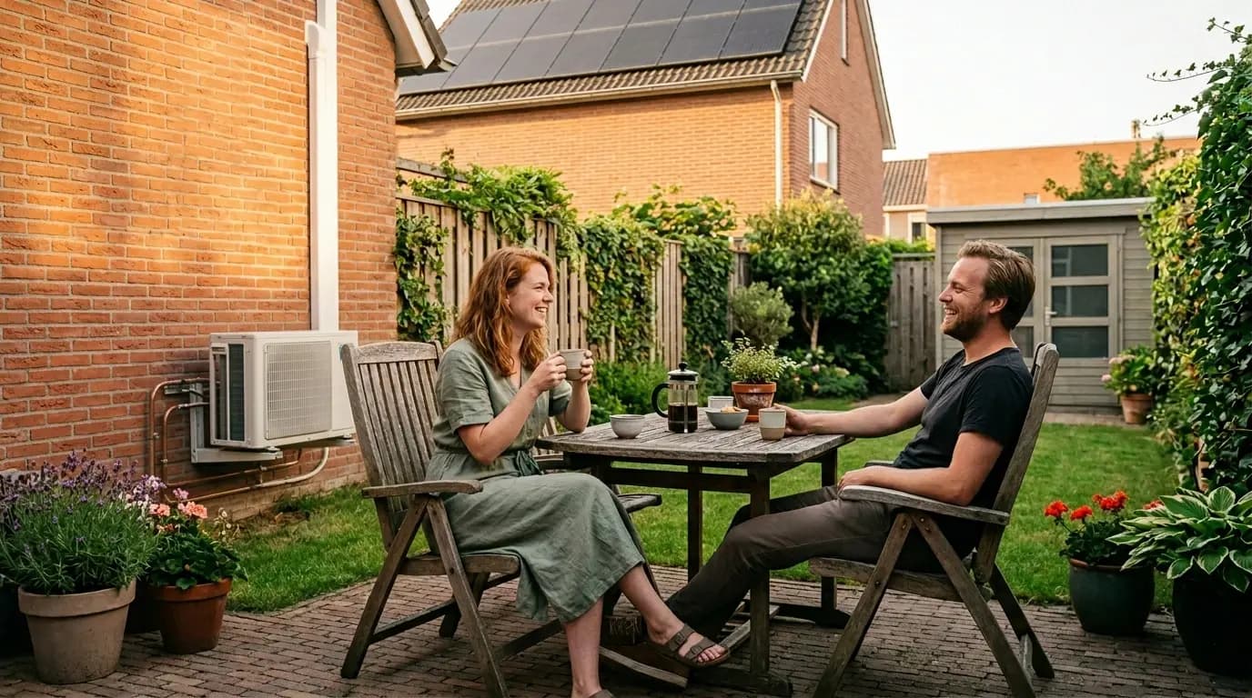 Compacte split airco buitenunit op console in een stille tuin