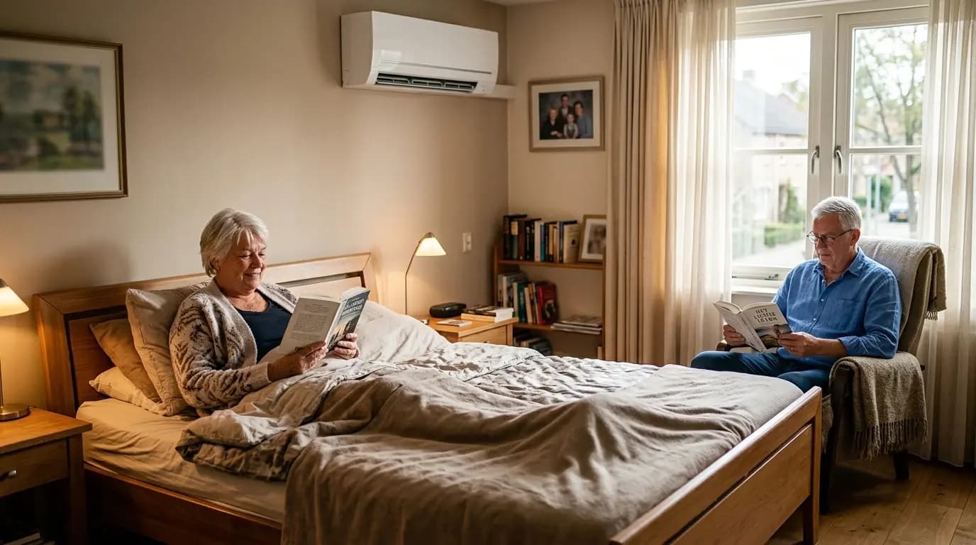 Stille split airco binnenunit boven het bed in een rustige slaapkamer
