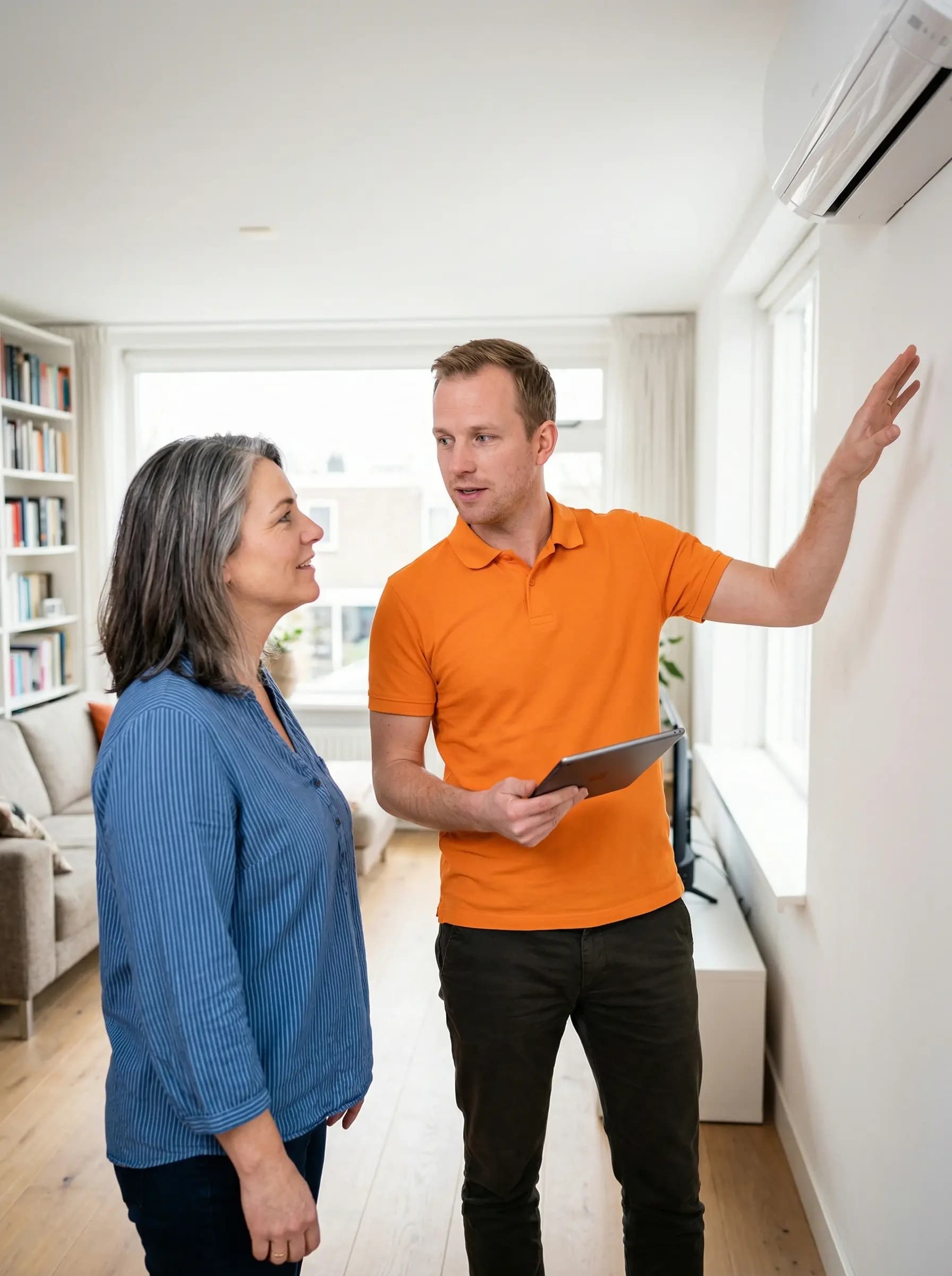 Anteas adviseur doet een inventarisatie voor verwarmen met airco in een woonkamer