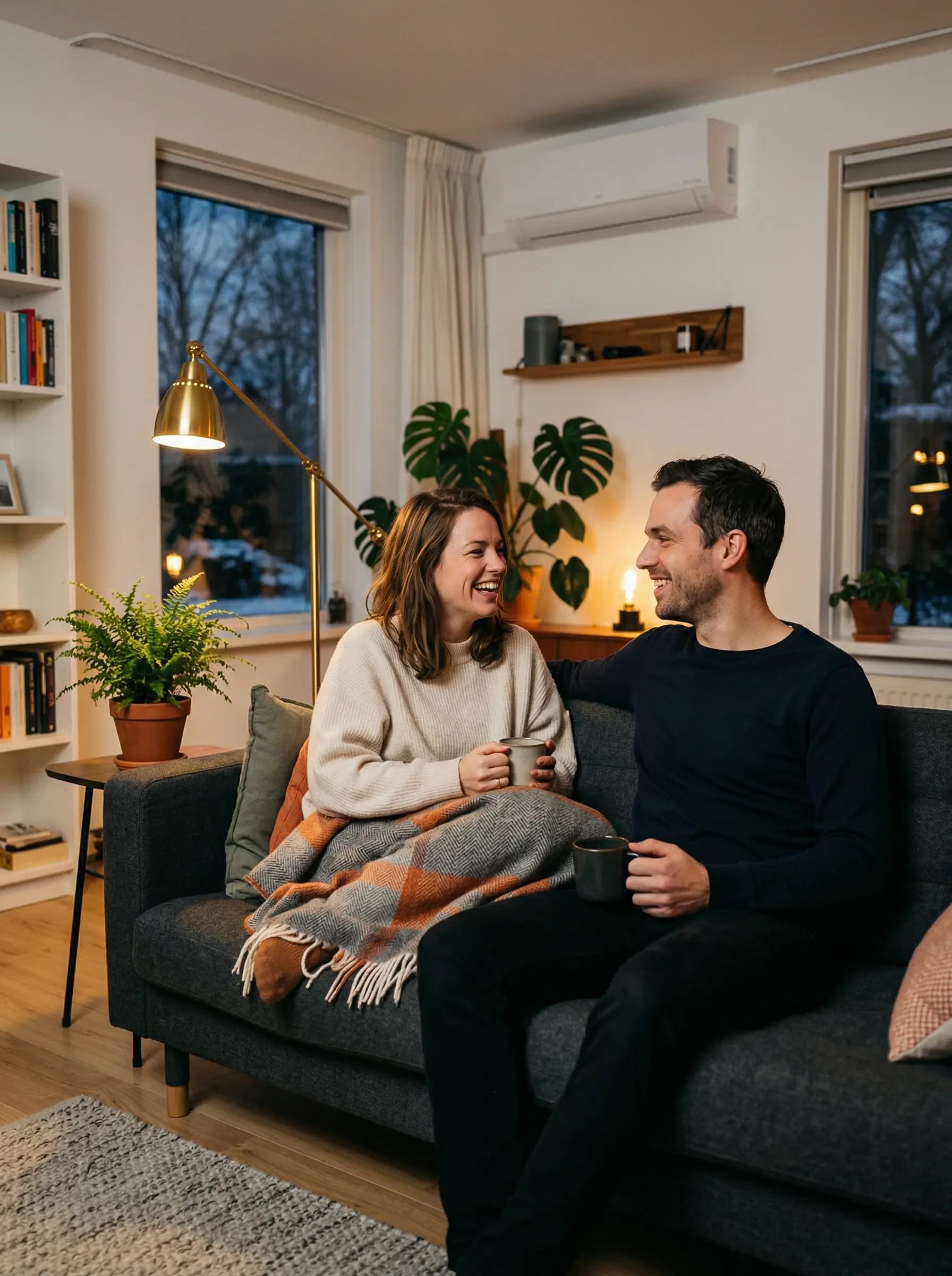 Jong stel bekijkt tevreden hun verlaagde energierekening na verwarmen met airco