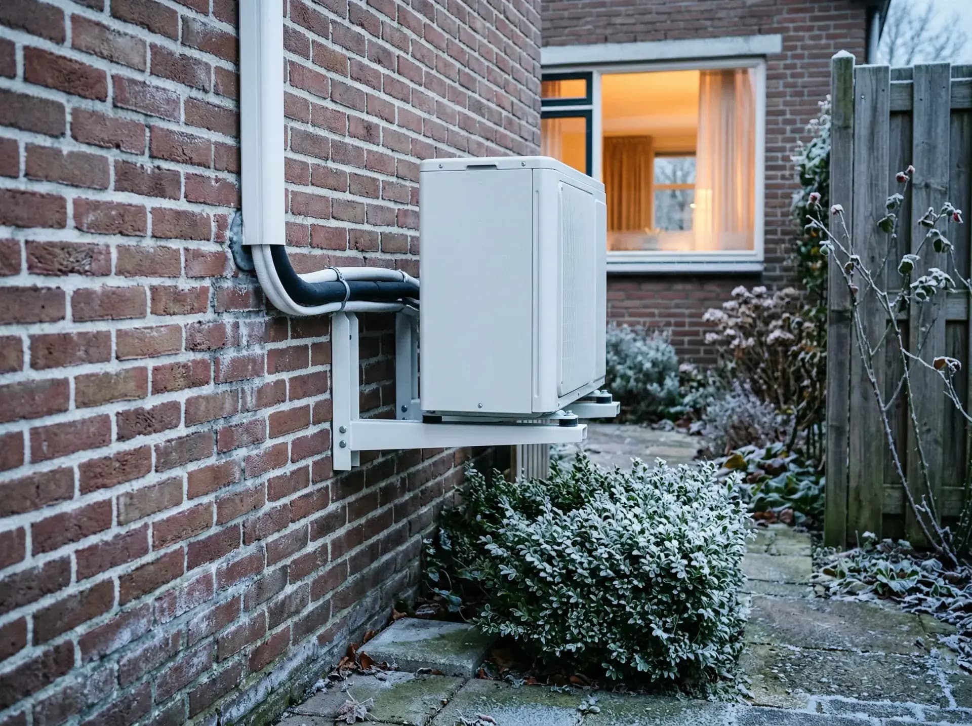 Airco buitenunit met rijp op een koude winterochtend in een Nederlandse tuin