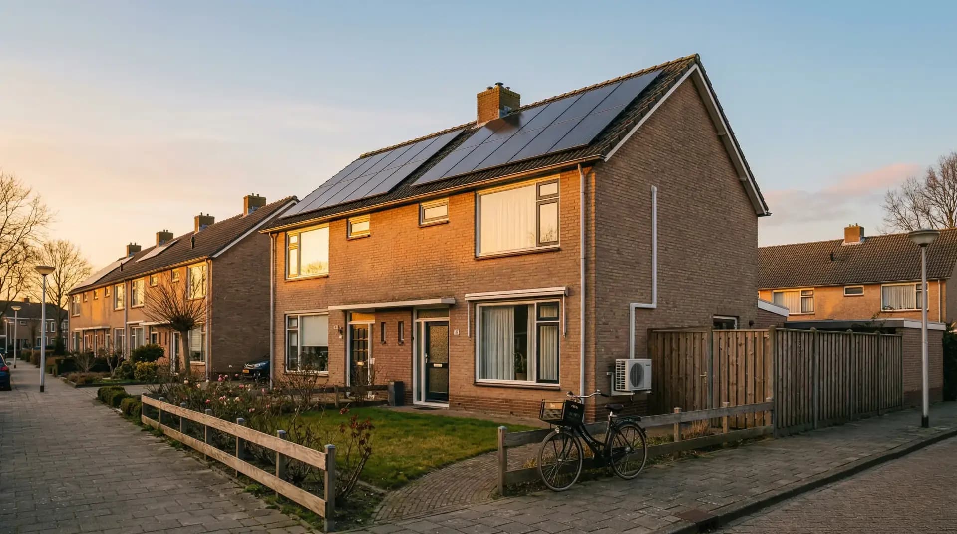 Nederlandse woning met zonnepanelen op het dak en een airco buitenunit in de tuin