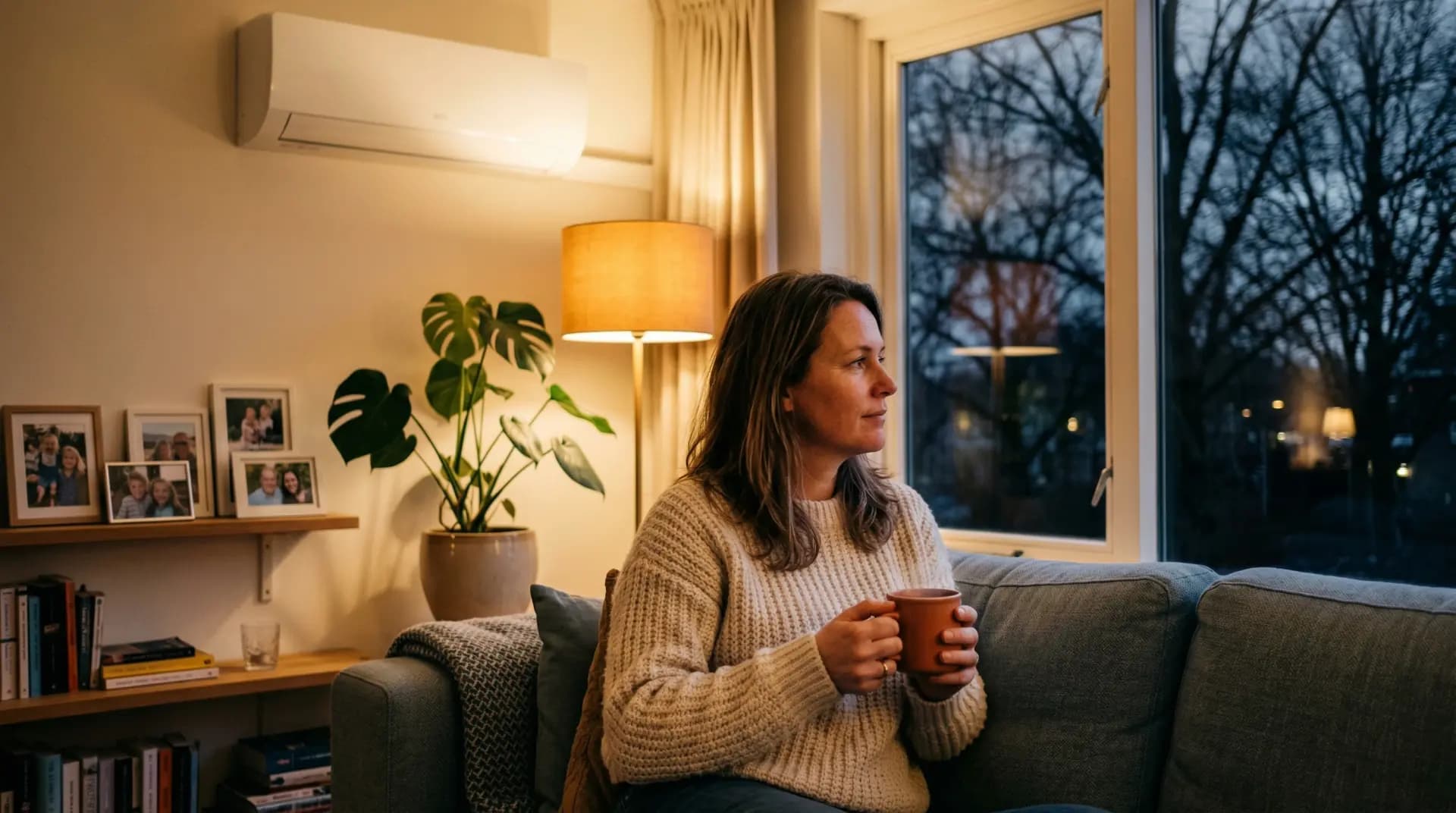 Frau genießt die Wärme der Klimaanlage in ihrem Wohnzimmer im Winter