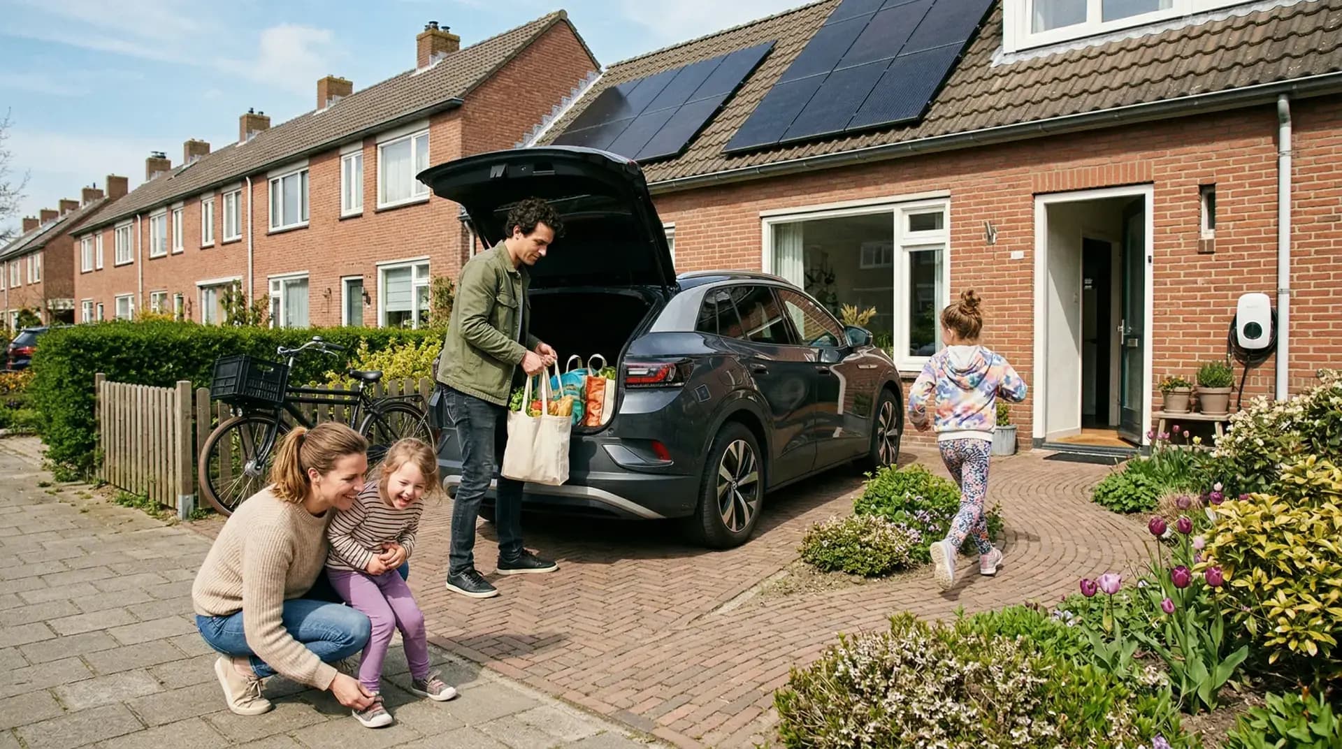 Jong gezin bij elektrische auto op oprit van Nederlandse woning